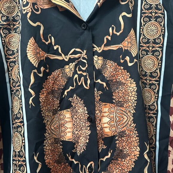 Women’s Shein Black Baroque Print Button-Up Shirt with Leopard Collar – Size M - Picture 5 of 8